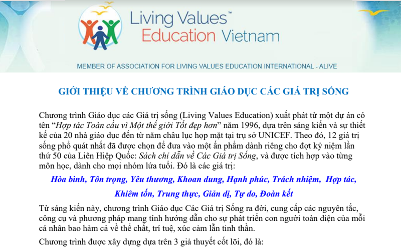 GIỚI THIỆU VỀ CHƯƠNG TRÌNH GIÁO DỤC CÁC GIÁ TRỊ SỐNG (LVEC)